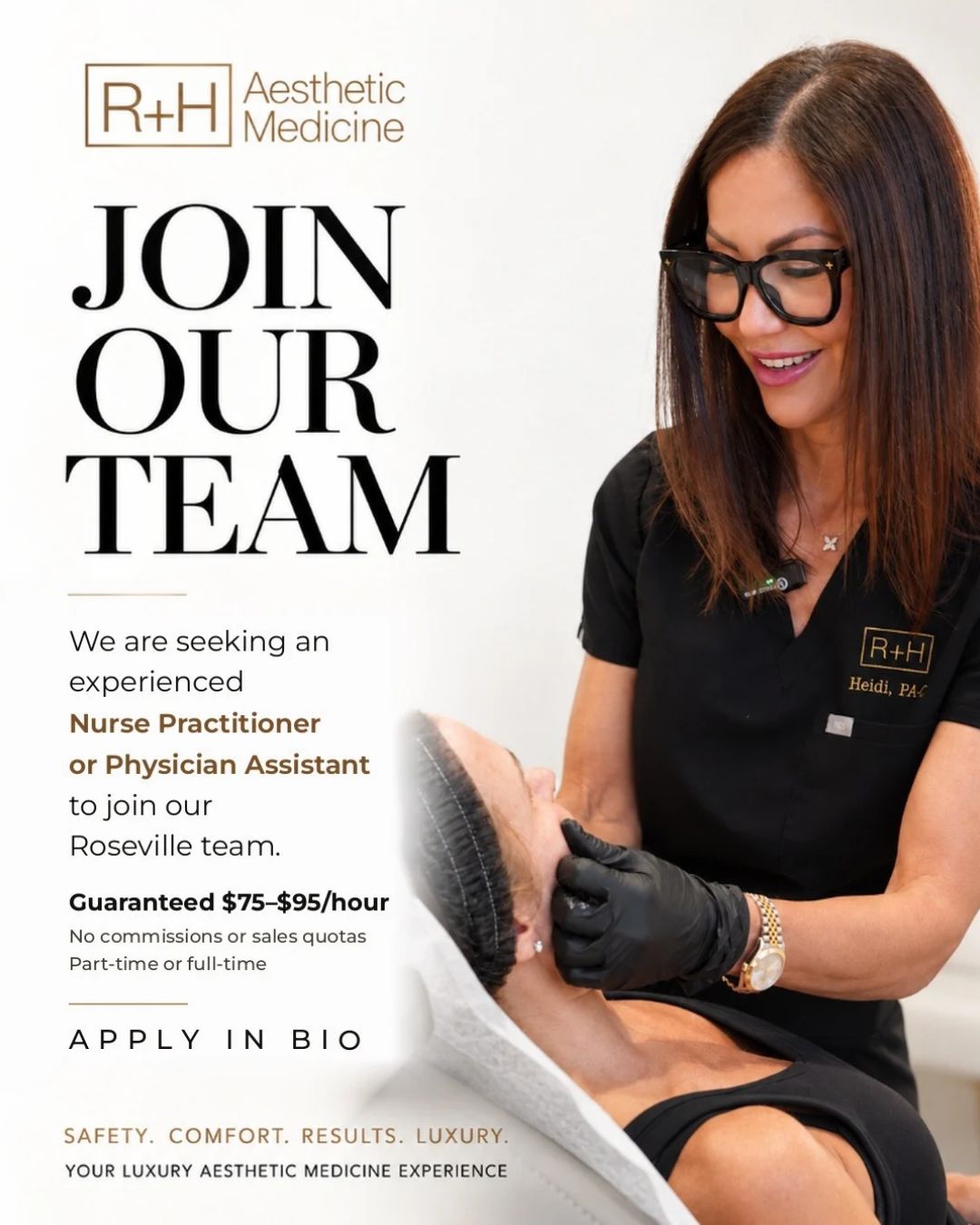 R+H Aesthetic Medicine is hiring an experienced Nurse Practitioner or Physician Assistant injector in Roseville, guaranteed $75 to $95 per hour